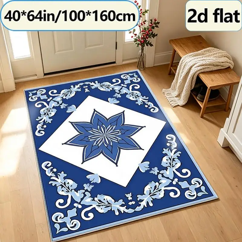 Blue and White Portuguese Tile Floral Star Carpet Floor Retro Diamond Frame Ethnic Art Pattern Non-Slip Household Carpet