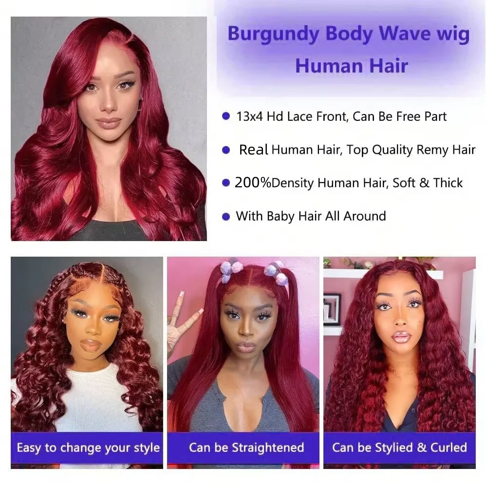 99J Burgundy Lace Front Wigs Human Hair 13x4 HD Transparent Body Wave Lace Front Wigs Straight Body Deep Wave Lace Front Wig Wine Red Human Hair Pre Plucked Dark Red Human Hair Lace Wig for Women