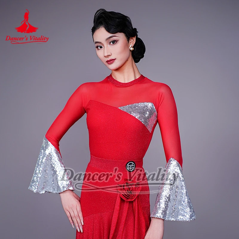 Расклешенные топы с короткими рукавами и блестками для взрослых, топы для бальных танцев, женский тренировочный комбинезон для латинской румбы, квикстепа, фокстрота
