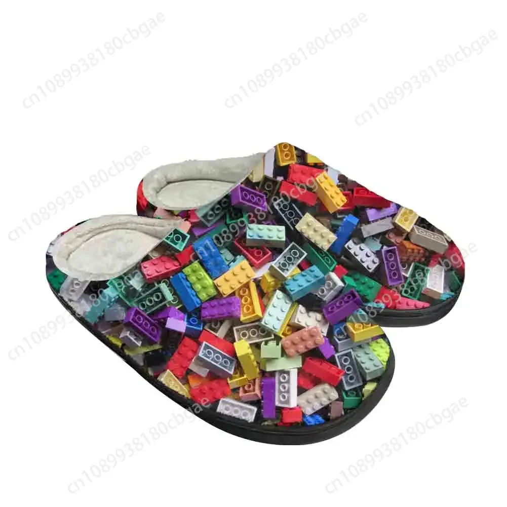

Toy Block Bricks Pattern Fun Home Cotton Slippers High Quality Mens Womens Plush Fashion Casual Keep Warm Shoes Thermal Slipper