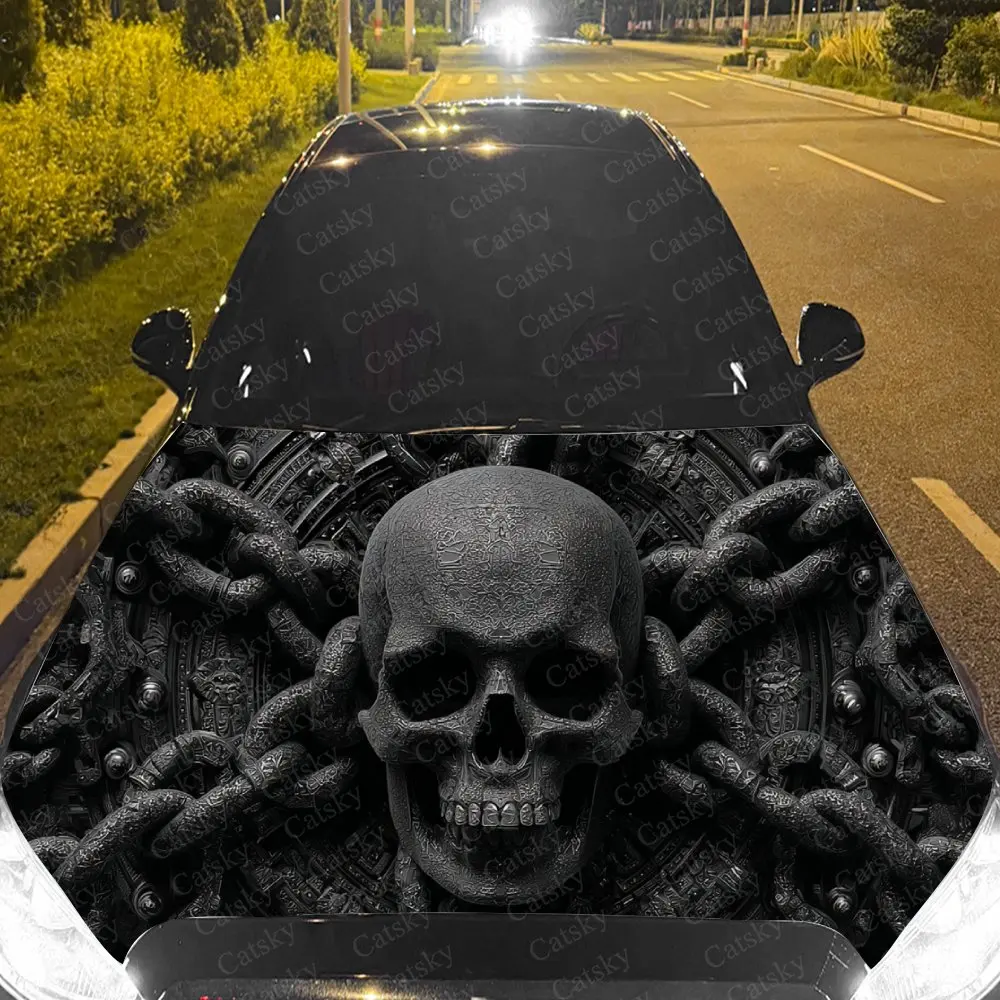 Car Decal Artistic Design with Skull and Chain in Monochrome Textural Style Car Hood Sticker, Waterproof Self - Adhesive PVC Gra