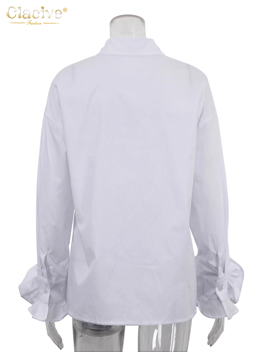 Clacive Fashion Loose White Cotton Women\'s Shirt 2025 Casual Lapel Long Sleeve Shirts Elegant Classic Solid Top Female Clothing