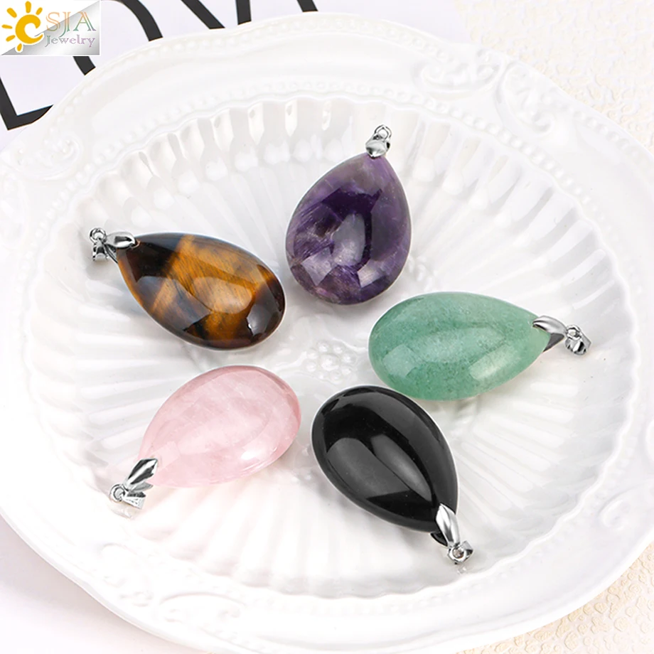 CSJA Natural Stone Male Necklace for Women Water Drop Pendant Healing Tiger Eye Amethysts Crystal Pendants Necklaces H351