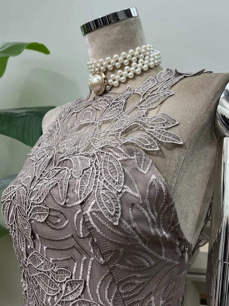 2025년 봄 여름 여성용 바디콘 레이스 자수 드레스 슬림 컷아웃 빈티지 여신 추상 디자인 우아한 파티 드레스