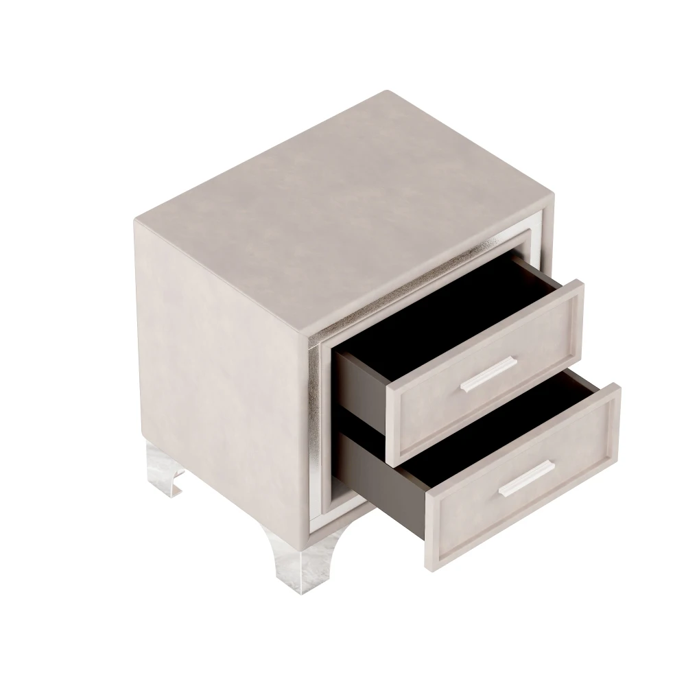 منضدة عتيقة لمنتصف القرن: لامعة فضية، أرجل معدنية، جانب سرير مخملي (درجين)، مجمعة باستثناء الأرجل/المقابض، وردي