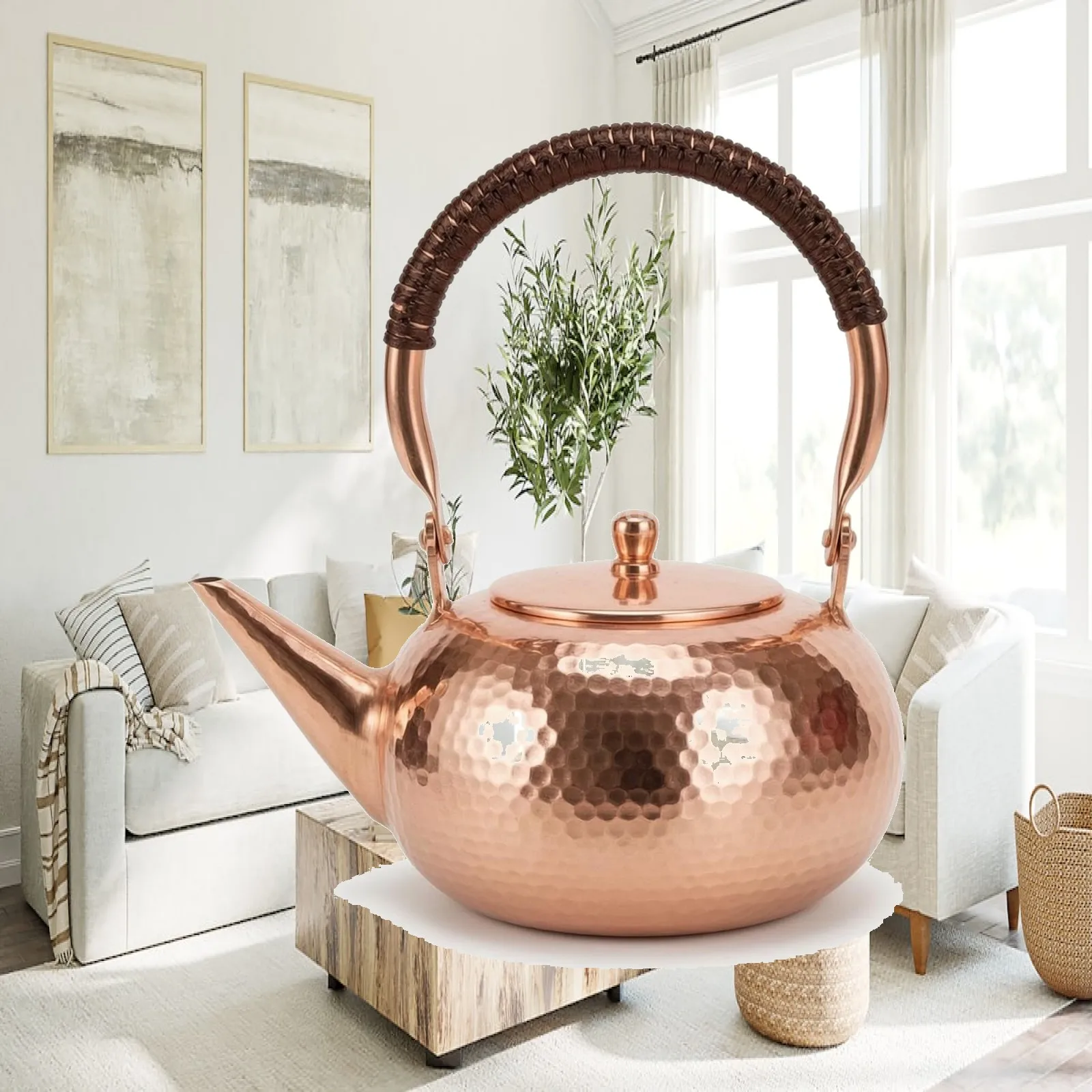 Hammered Copper Tea Kettle Handmade Look Pot No Coating for Kitchen Countertop