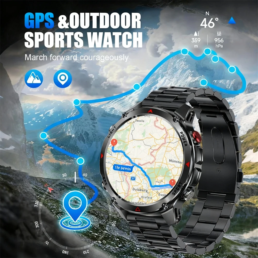 2025 New Military Bluetooth Call Smart Watch Built-in GPS Compass Barometric Altimeter 3ATM Waterproof Sports Smartwatches Men