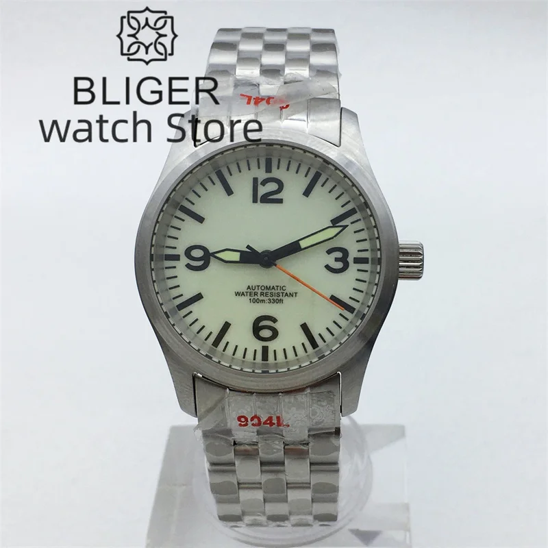 BLIGER 36mm 39mm Pilot Mechanical Diving Watch For Men NH35 movt Cream White Dial Green Super Lume Sapphire Stainless Bracelet