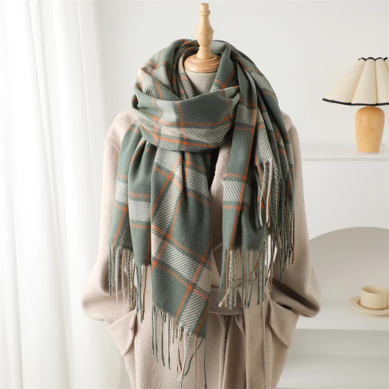 Korean Style Thick Warm Shawl Wrap Winter Plaid Tassel Blanket Cashmere Like Scarf Women Neckerchief Pashmina Poncho Stoles