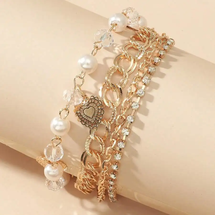 

Rhinestone And Faux Pearl Layered Chain Bracelet For Women