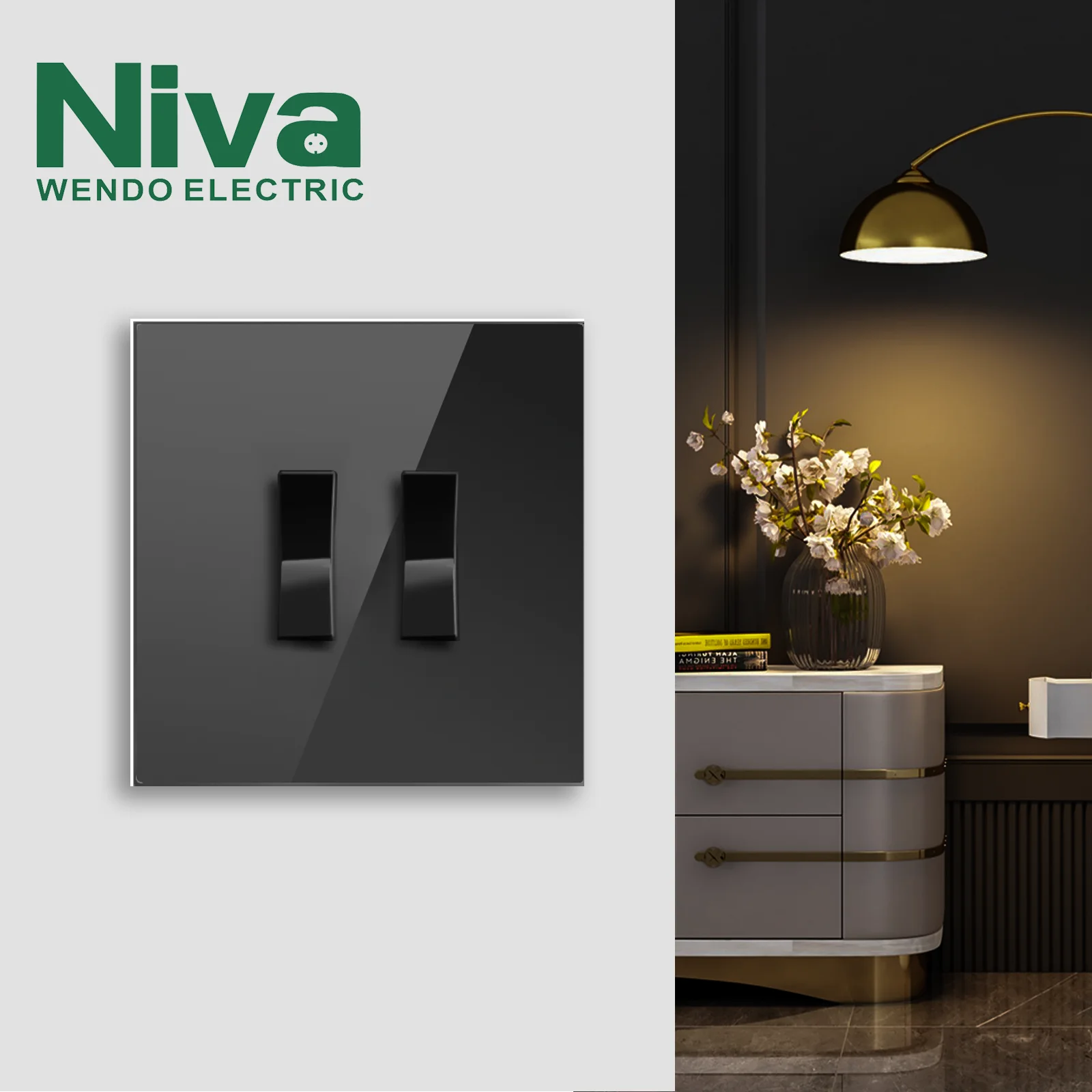 

Niva NV9 2gang 2way switches black stainless steel plating metal panel light switch 110-250V home sockets