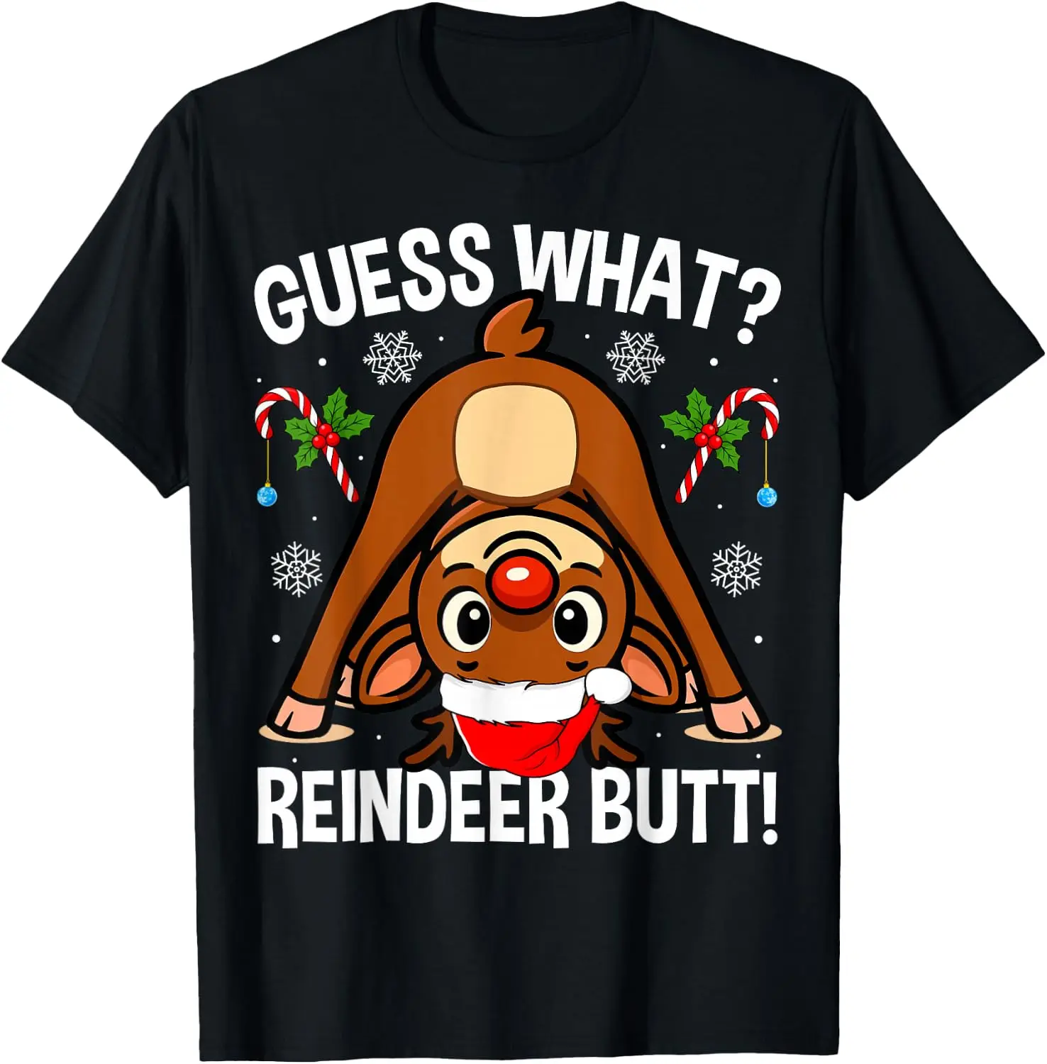 Guess What Butt Xmas Santa Funny Christmas Reindeer T-Shirt Breathable, heavyweight pure cotton short-sleeve top—stylish, plus-size, and suitable for year-round wear with a sporty, casual vibe