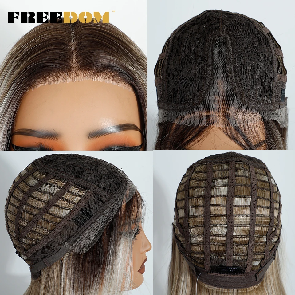 FREEDOM Synthetische Spitzenperücken für Frauen, 12 Zoll kurzer Bob, vorgezupfte, vorgeschnittene Perücke mit Pony, Ombre Braun-Blonde Perücken, Cosplay-Perücke – Detail 9