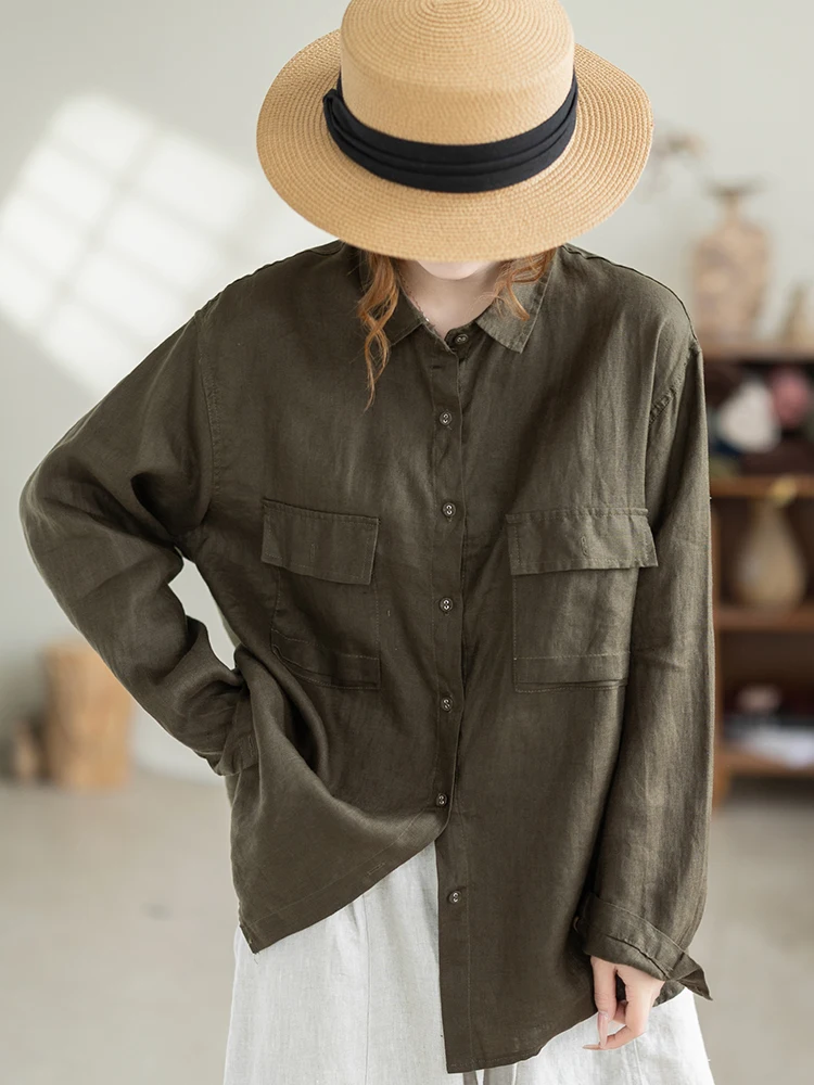 

Женская льняная рубашка Kamiyu с двумя карманами, свободного кроя, в повседневном стиле, весна-осень, модный топ в стиле lazy fashion, открытый кардиган, дышащий, комфортный