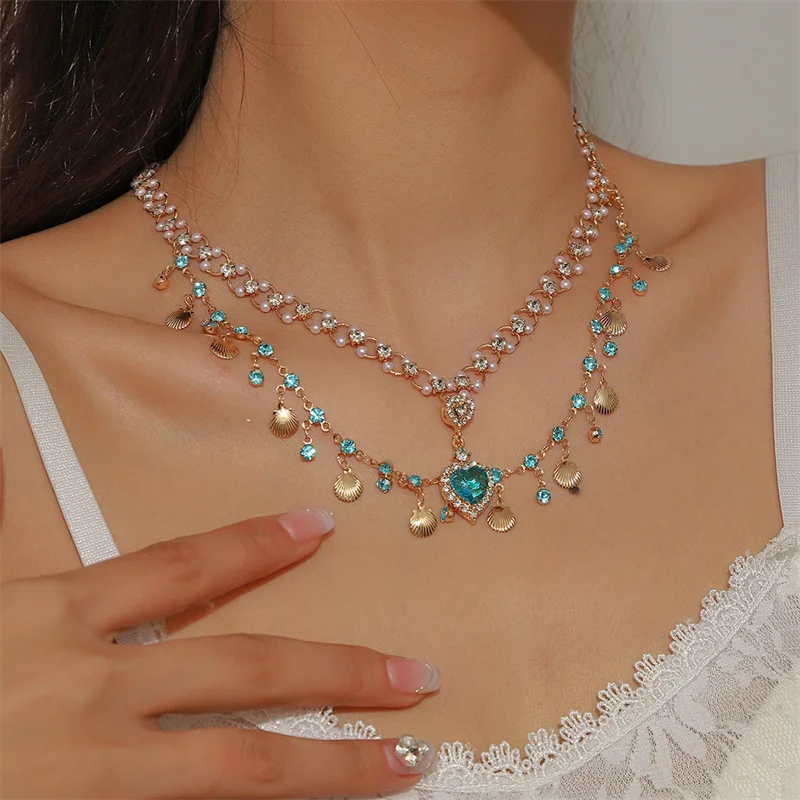 Popular Blue Love Shell Shape Double layered Necklace Gold Color Luxury Neck Accessories for Women Girls Fashion Accessories