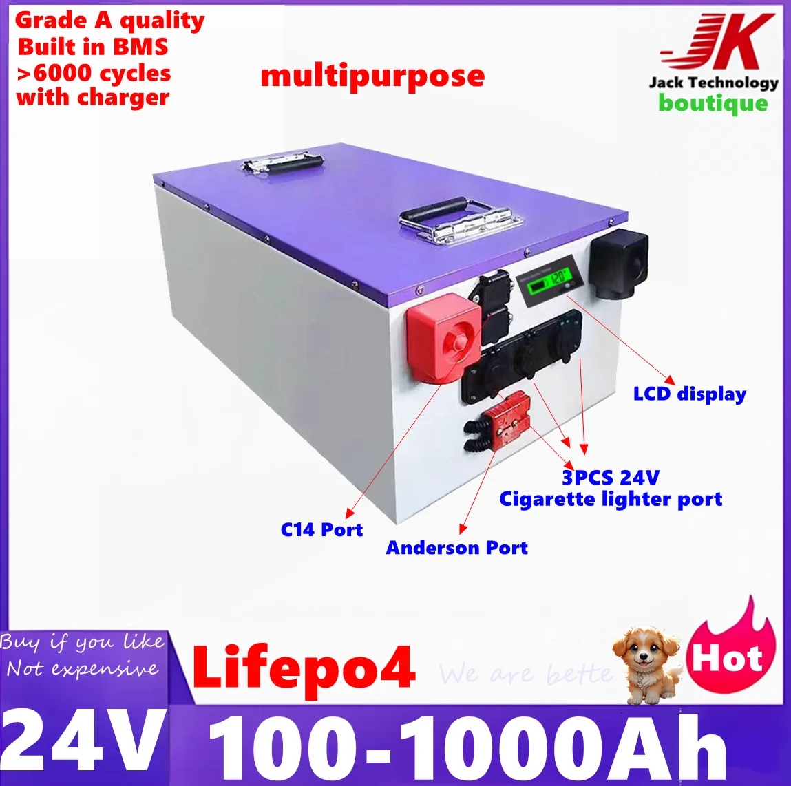 

24V100Ah Portable Lifepo4 Battery 200Ah 300Ah 500Ah 800Ah 1000Ah Lithium Iron Phosphate for 2KW Inverter Solar System RV Outdoor