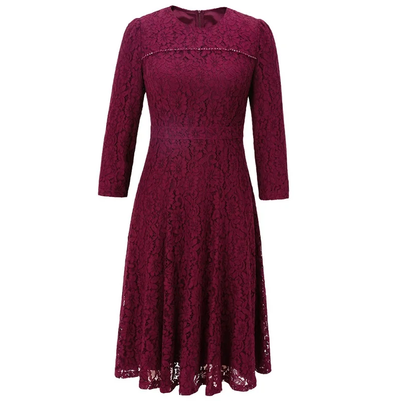 

High Quality New Lace Dress 2025 Autumn Women Crystal Beading Deco 3/4 Sleeve Mid-Calf Wine Red Dark Blue Party Dress 2XL 3XL