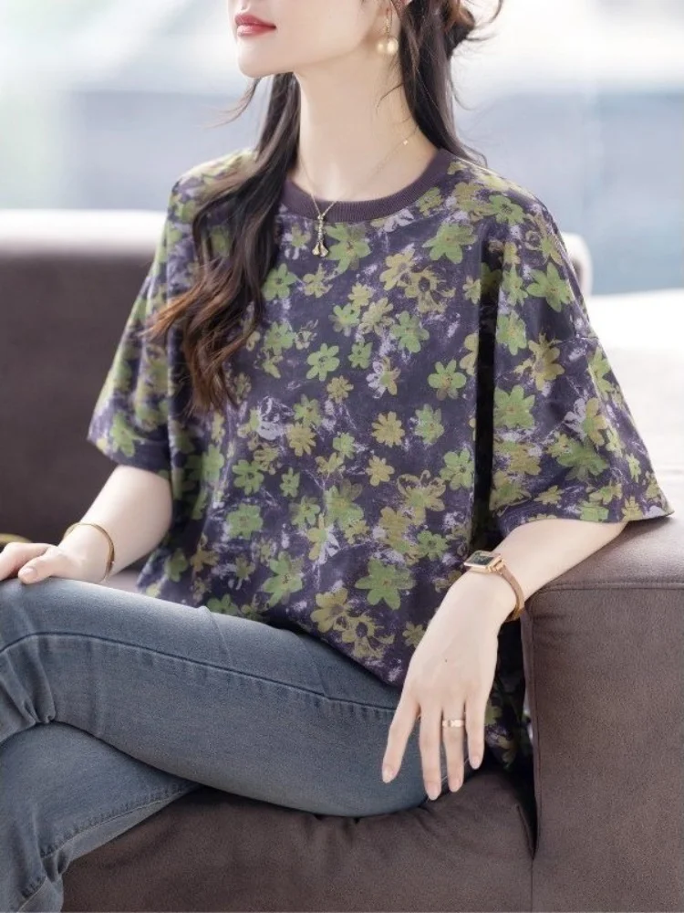 Floral Print Loose Fit round Neck Short Sleeve T-Shirt Women's Summer New Style Korean Version Casual Top Body Concealing