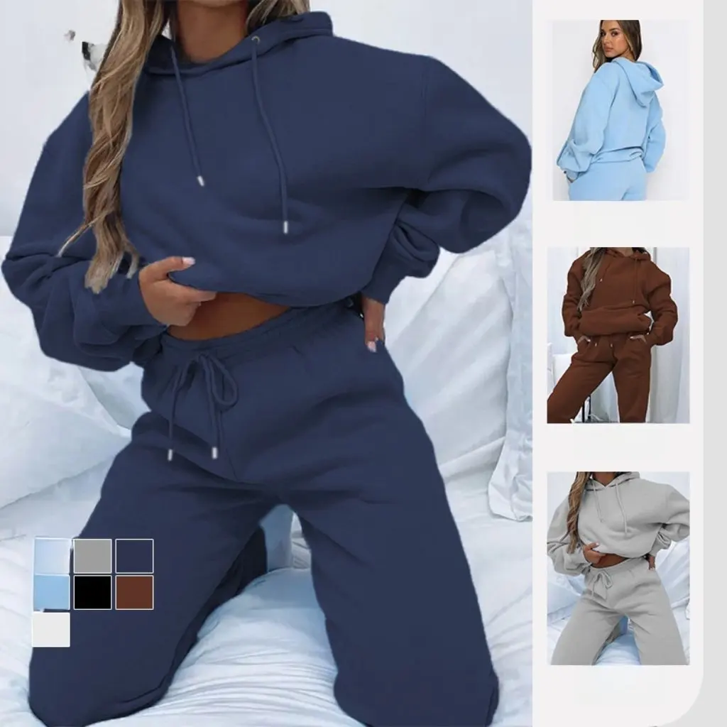 

Women's Urban Casual Long-Sleeved Sweatshirt And Pants Set Pure Color Hooded Pullover with Flap Pocket for Spring/Fall