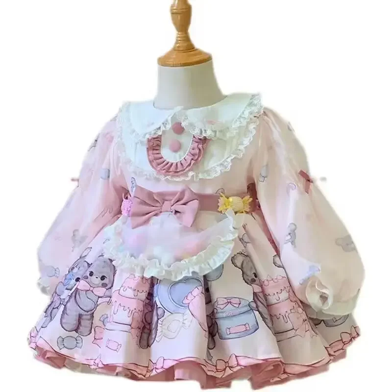 Spring Lolita Dress Girls Kids 2024 Birthday Party Long Sleeve Pink Dress Alice In Wondeland Cute Princess Doll Teen Dress