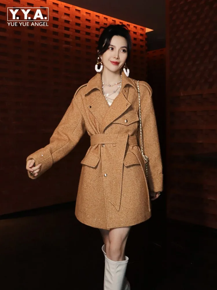 British Style Designer Women Wool Blends High Quality Mid-length Wool Coat Thick Single Breasted Office Ladies Sashes Overcoat