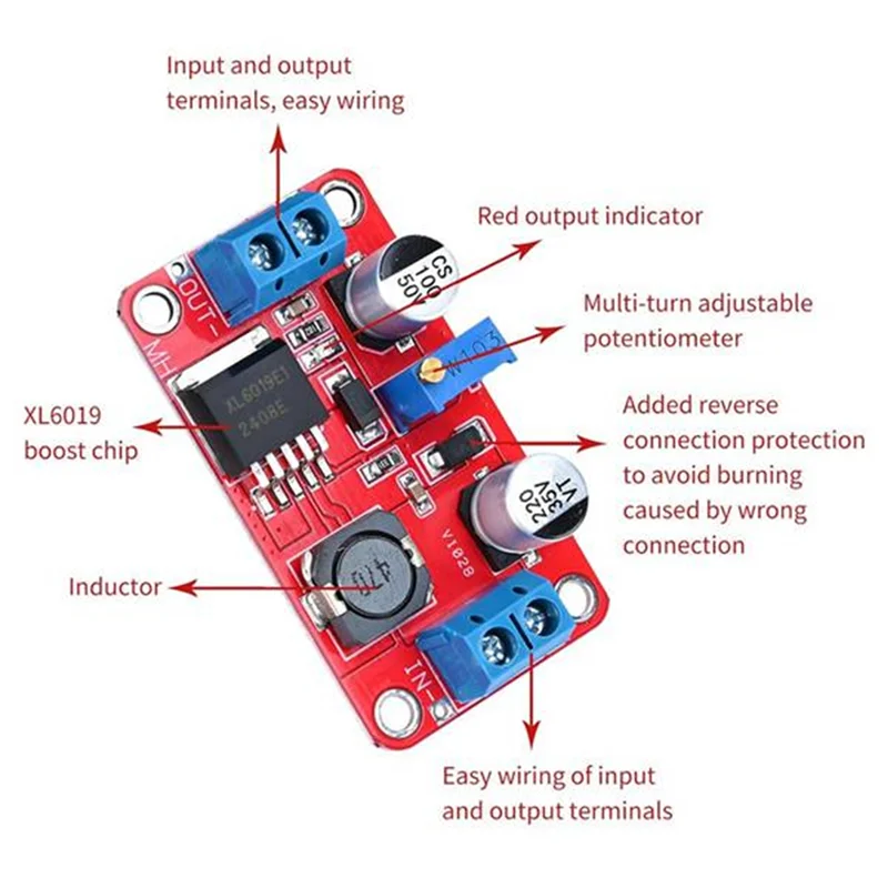 【NUOVISSIMO】XL6019 Modulo di potenza boost regolabile 5A DC-DC 5PCS- Boost 5V 6V 12V 24V 3-35V a 5-40V Corrente ad alta potenza