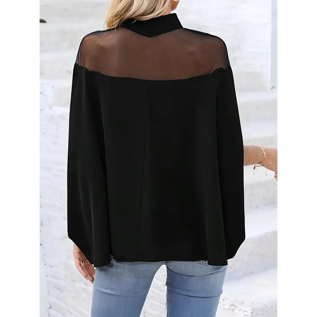 

Women's Fashion Mesh T-Shirt Off-Shoulder Bat Sleeve Turtleneck Top Spring Summer Autumn Casual Streetwear