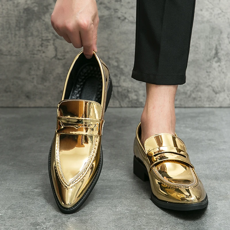 Men's Gold Mirror Loafers Pointed Toe Patent Leather Dress Shoes Formal Party Wedding Slip on Casual Shoes Prom Footwear 38-47