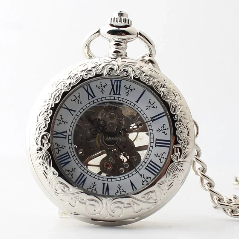 

Silver Roma Amber Dial Pendant Pocket Watches Mechanical Steampunk Mens Pendant with Chain Fob Watches Reloj De Bolsillo