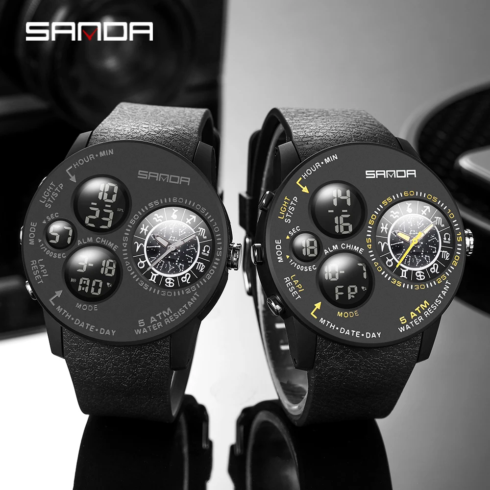 SANDA 2022 Fashion Outdoor Mens Watches Top Brand Military Sports Quartz Watch Dual Display Wristwatch Waterproof Clock 6036