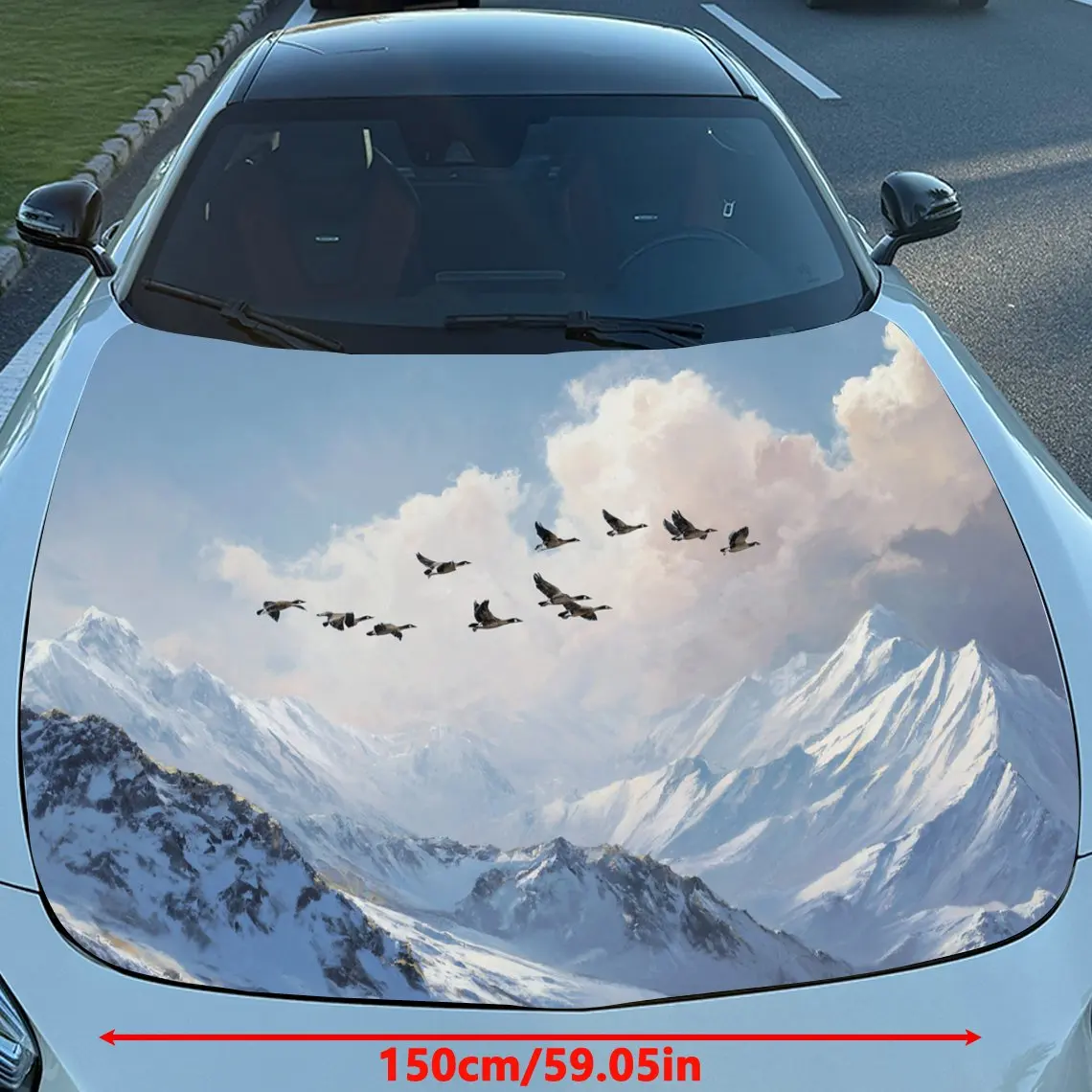 Snow Mountain And Birds Car Hood Stickers, Colorful Vinyl Stickers, Truck Patterns, Engine Hood Car Parts Decoration Stickers, C