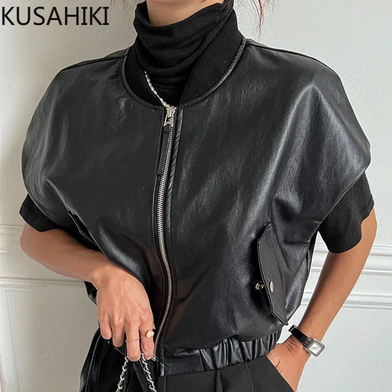 KUSAHIKI Vintage Zipper O-neck Leather Waistcoat Causal Korean Sleeveless Vest Korean Chic Autumn 2023 Elegant PU Jacket Vests