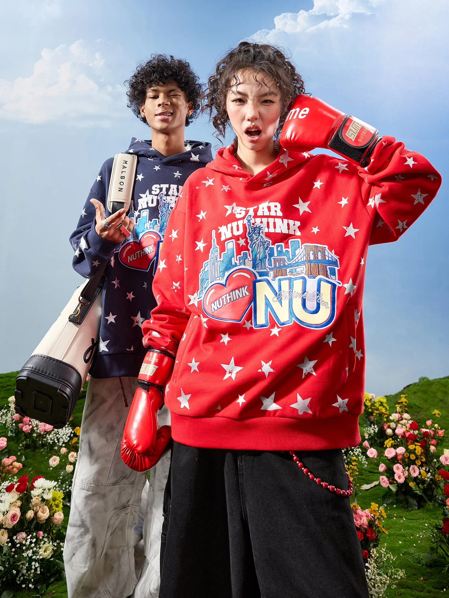 

Nuthink American Sle Trendy Brand New Year Red Fce Lined Hoodie Embroidered Five Pointed Star ex Spring 2026