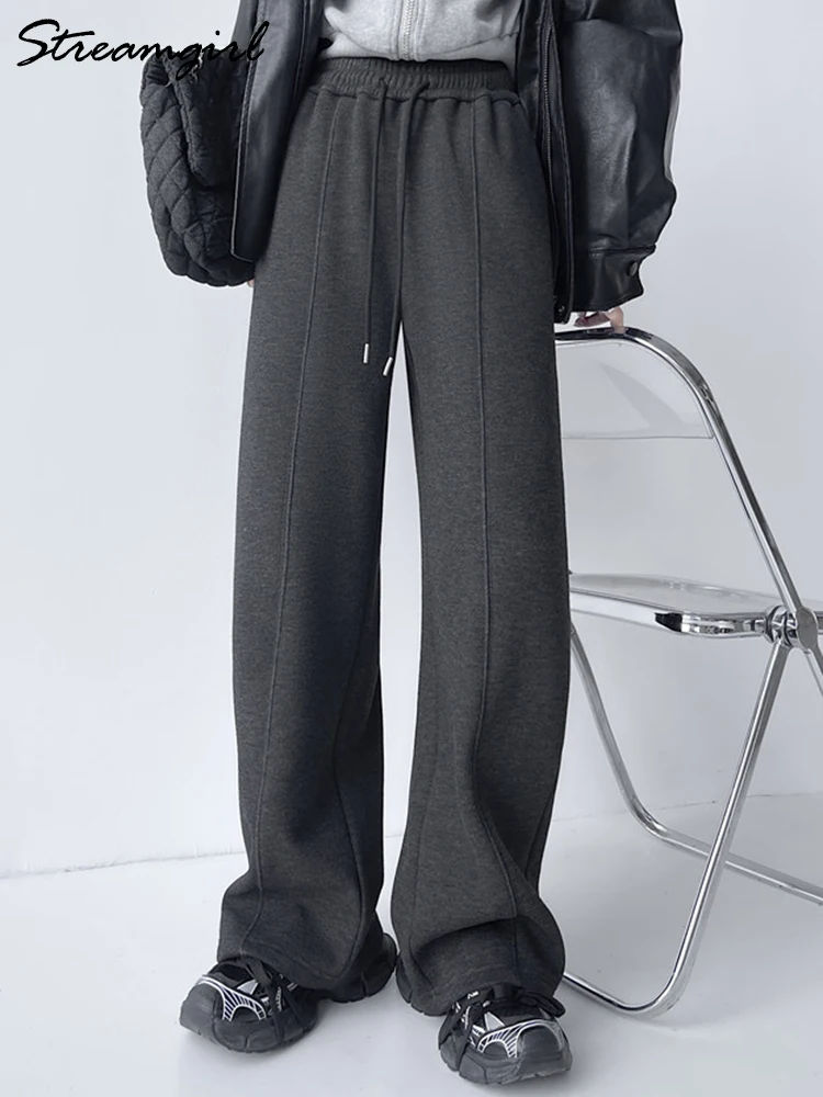 Streamgirl سميكة بناطيل شتوية دافئة للنساء الصوف البني بنطلون مستقيم الساق عالية الخصر المرأة سراويل شتوية مكتب دافئ