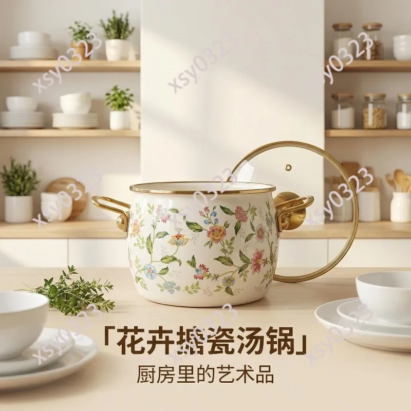 Thick Enamel Stew Pot with Gold Rim, Double Handle Casserole Braising Pan for Induction Cooker Home Cooking