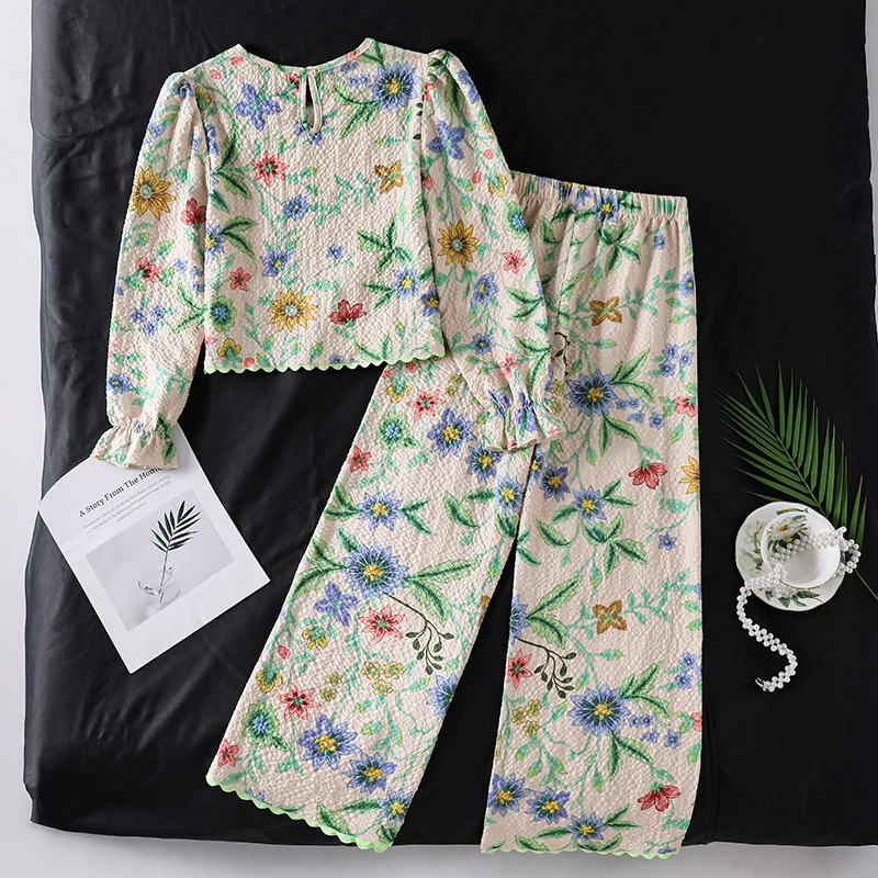 Teen Girls Botanical Print Casual Outfit, Back Keyhole Frilled Cuff Blouse Matching Scalloped Edge Loose Wide Leg Pants
