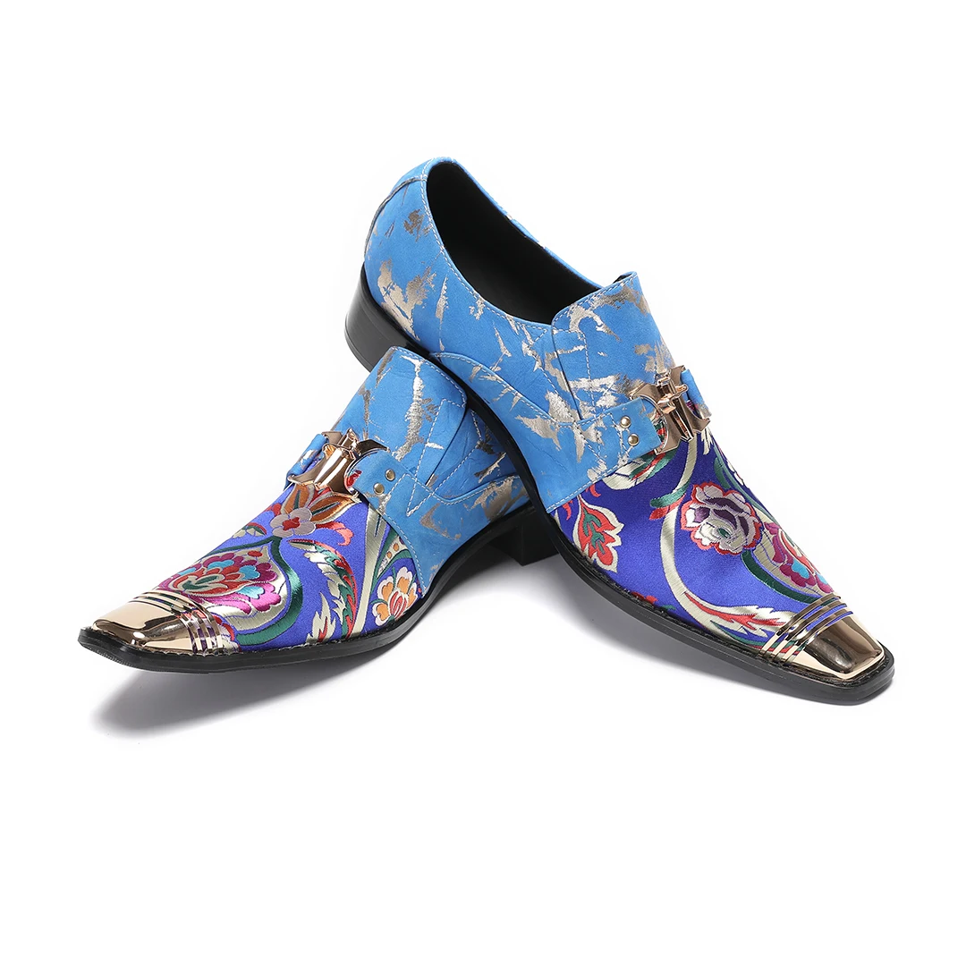 Designer Blue Floral Print Birthday Party Brogue Shoes Slip on Formal Business Shoes Nightclub Genuine Leather Men Dress Shoes