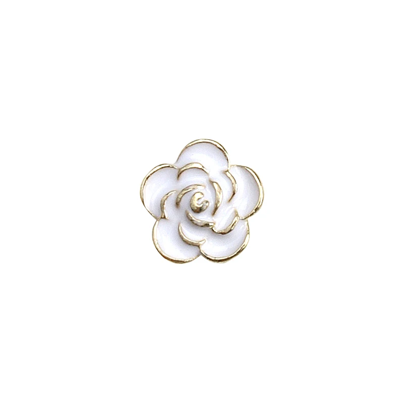 10PCS Glossy White Black Dimaonds Pearls Gold Edge Camellia Rose Flowers Metal Nail Art Rhinestones Jewelry Manicure Decorations