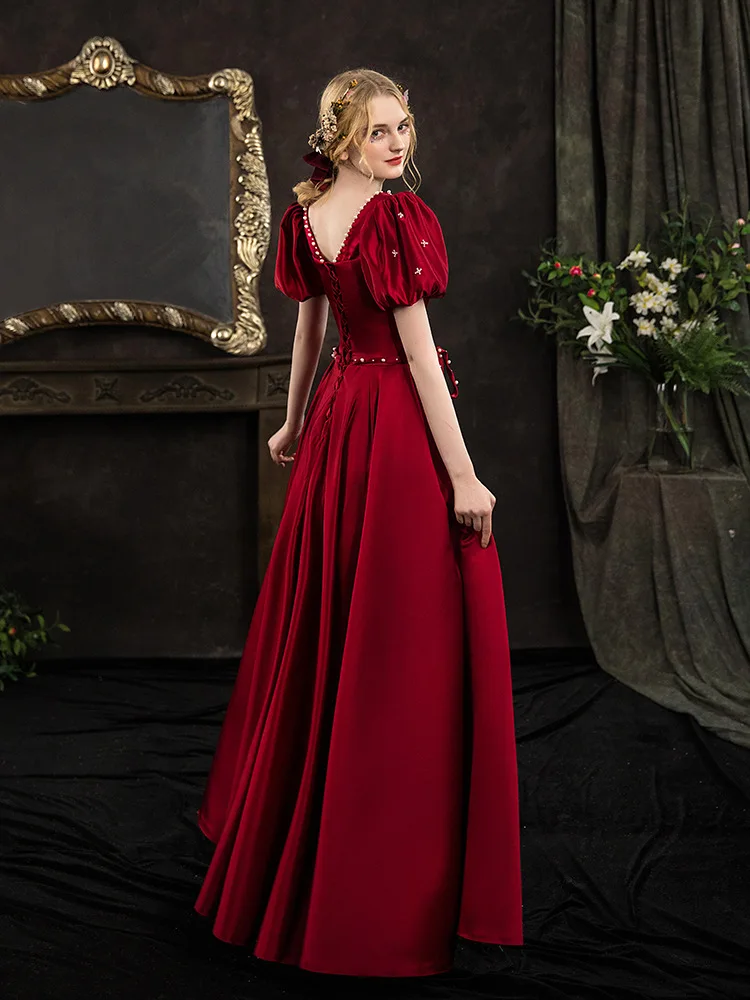 Female Retro French A-Line Evening Party Dress Qipao Burgundy Satin Square Neck Maxi Dress Sexy Exquisite Beads Wedding Dress