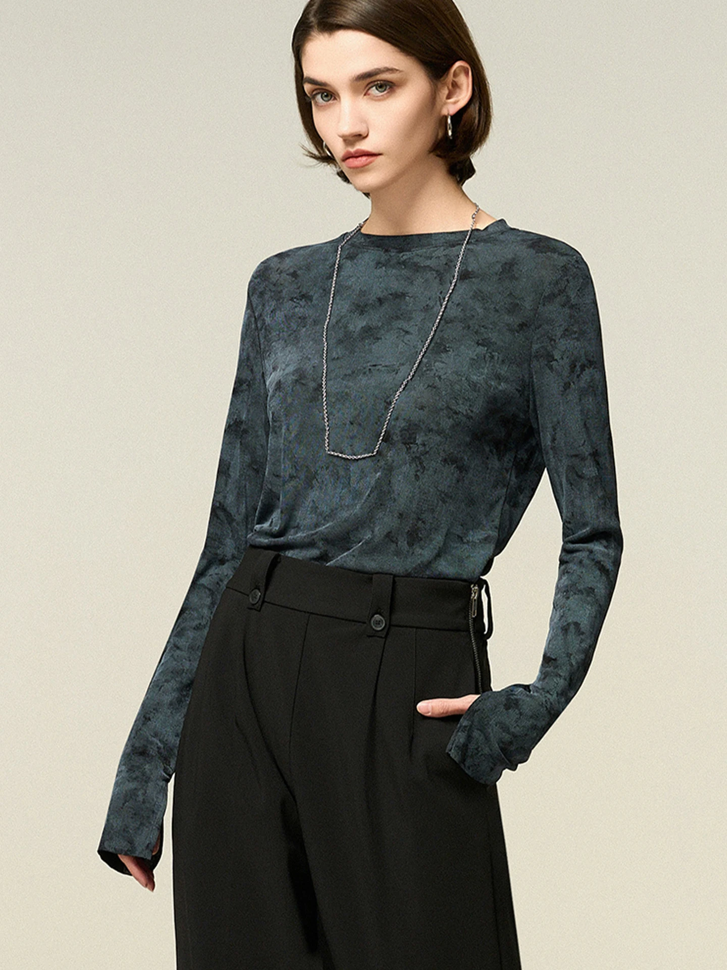 

Ele Vintage Water Ink Diffusion Top Корейский Sle Straight Tube Long Sve round Ne Футболка для похудения Base irt