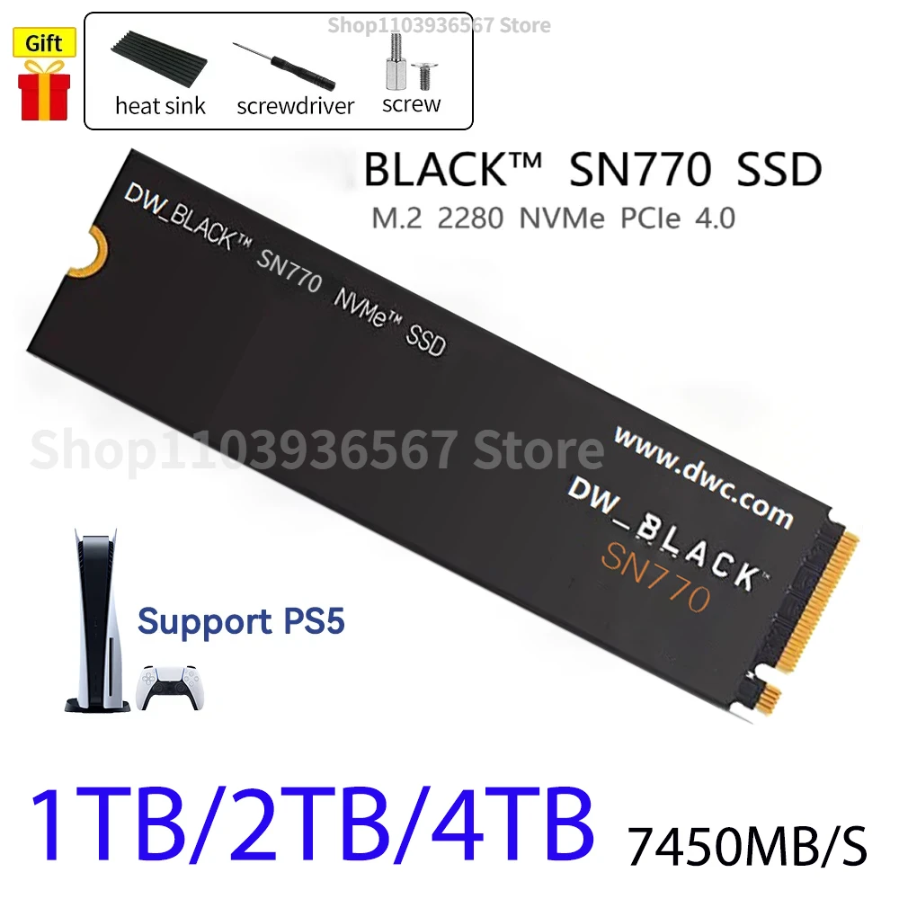 

BLACK SN770 1TB 2TB 4TB 8TB M.2 2280 PCIe Gen 5 NVMe Internal Gaming SSD Solid State with Heatsink up to 7450MB/S read speed