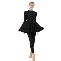 Costume da bagno nero con maniche arruffate per donne musulmane, costumi da bagno Slim Fit, abbigliamento da spiaggia con berretto, nuovo Burkini, S-4XL, M002, 3 pezzi