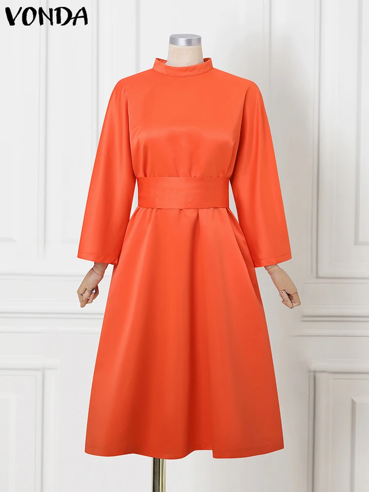 

5XL Women Dress Solid Elegant Belt Work OL Sundress Plus Size VONDA 2025 Fashion 3/4 Sleeve Mid-Calf Vestidos Autumn Loose Robe