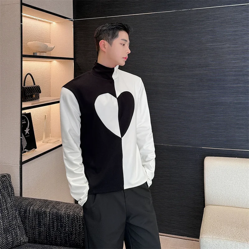 Color Contrast Black White Stitching Long-Sleeved T-shirt Men's Casual Top Autumn Winter Half-High Collar Bottoming Shirt