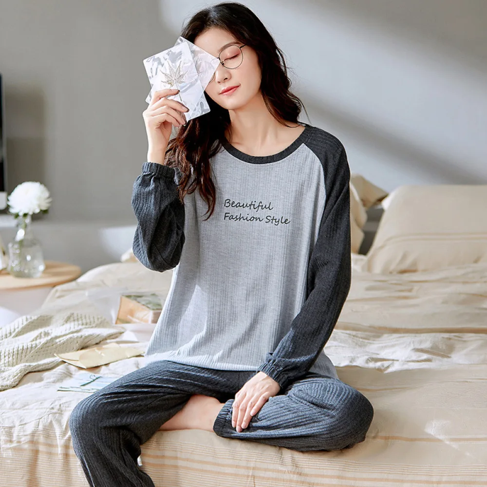 

Letter Women Pajamas Set Combed Cotton Pyjama Soft Pijama Female Loungewear Homewear Sleepwear Long Sleeve Top Pants Suit