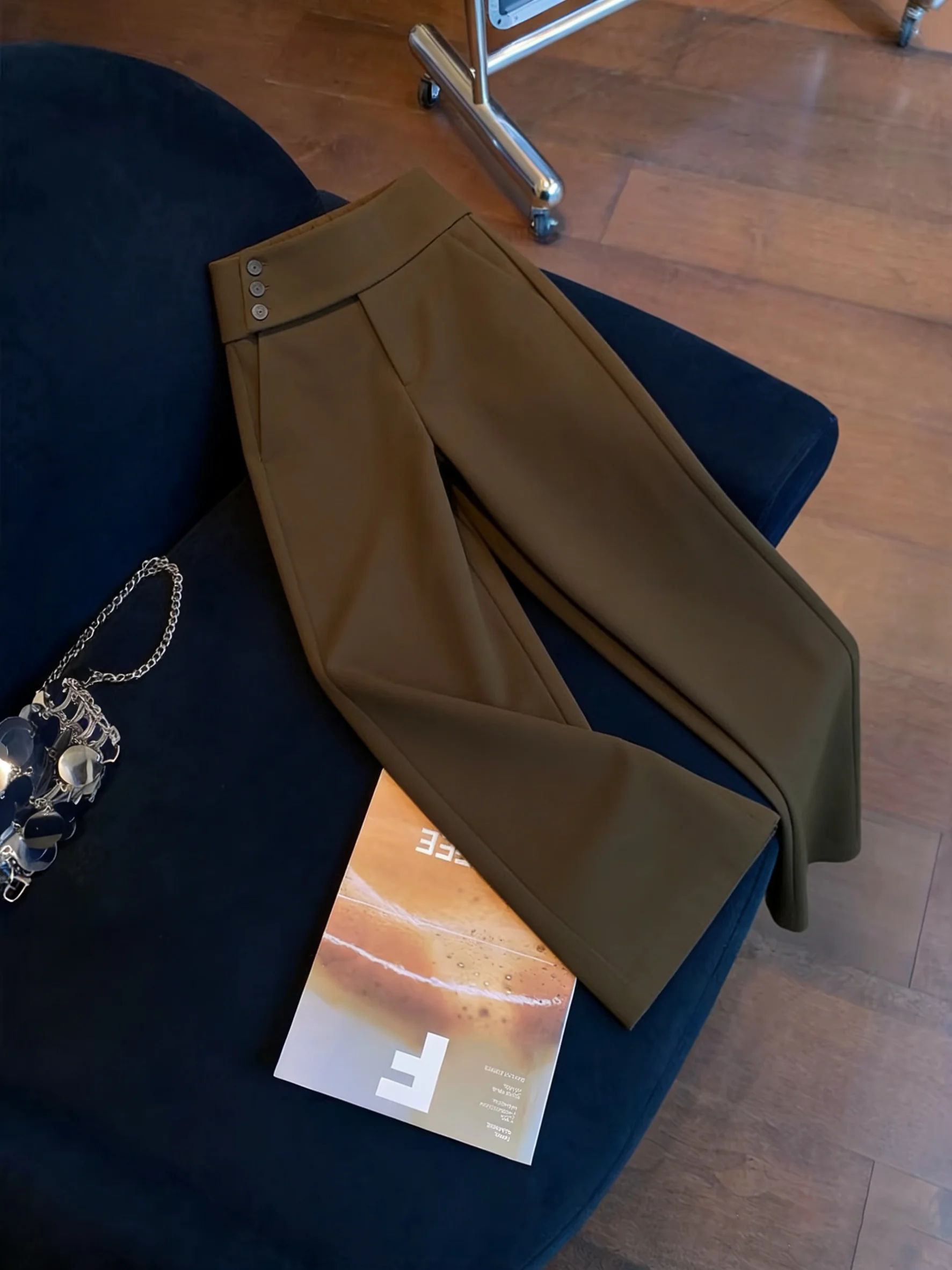 

American Retro Coffee Button Woolen Suit Casual Pants High Waist Slimming Drapey Straight Leg Pants for Men And Women