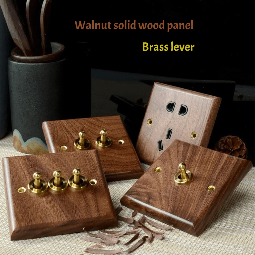 

Luxury Vintage Light Switch Brass Toggle with Walnut Wood Panel, Single Pole Wall Plate Cover for Home Hotel Cafe Retro Decor