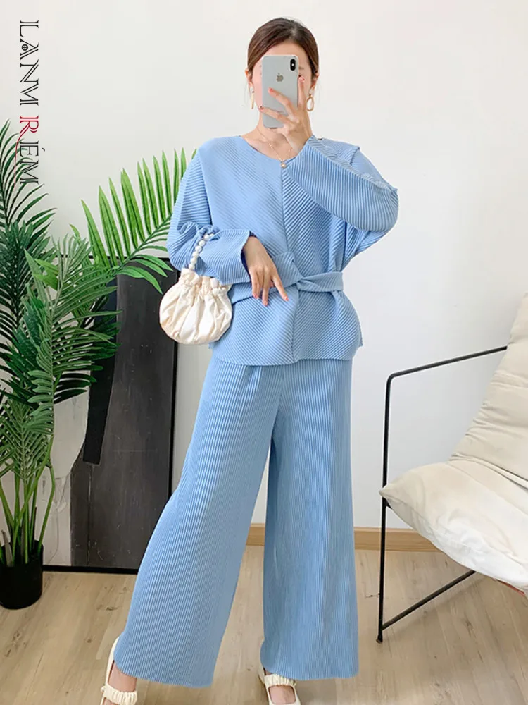 

LANMREM Pleated Thick Bandage Shirt Top + Casual Wide Leg Straight Pants 2 Piece Set Female Elegant Clothing 2023 Autumn 2R5685