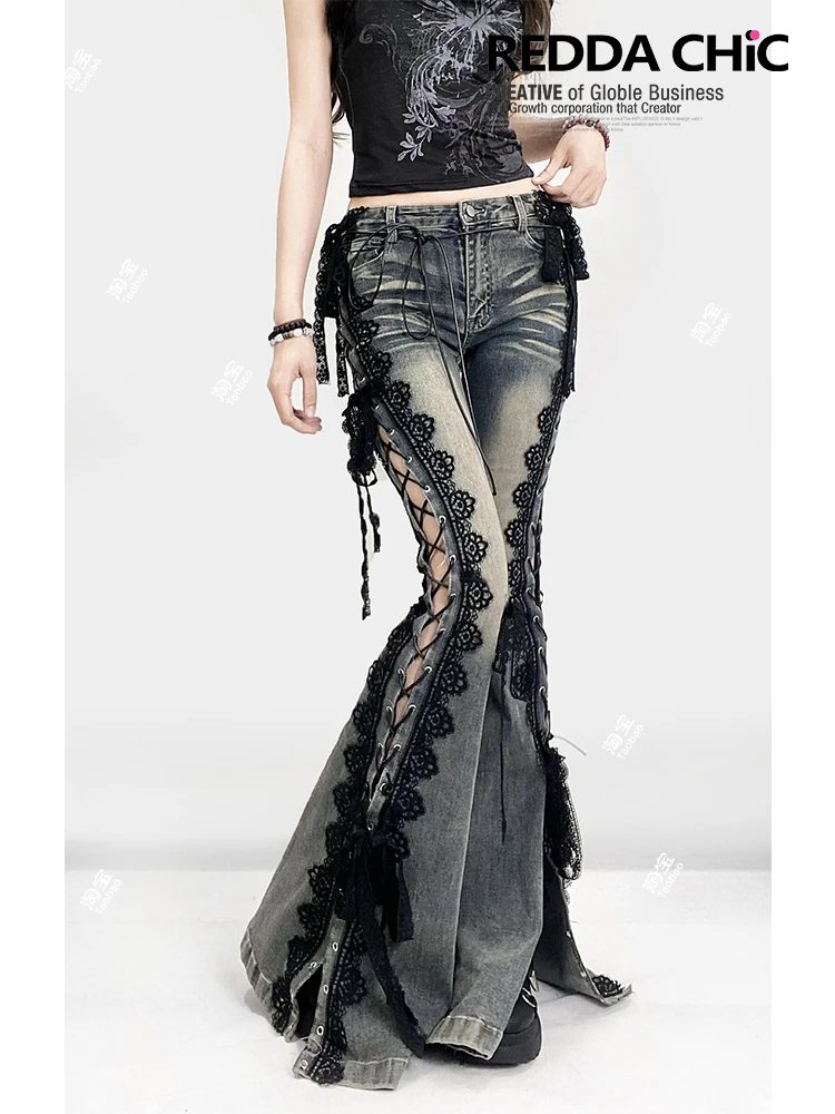 الشارع خمر Y2k الدانتيل حزام سبليت الدنيم السراويل النساء مستقيم فضفاض بنطال ذو قصة أرجل واسعة 2025 الصيف الشارع الشهير جرس أسفل الجينز