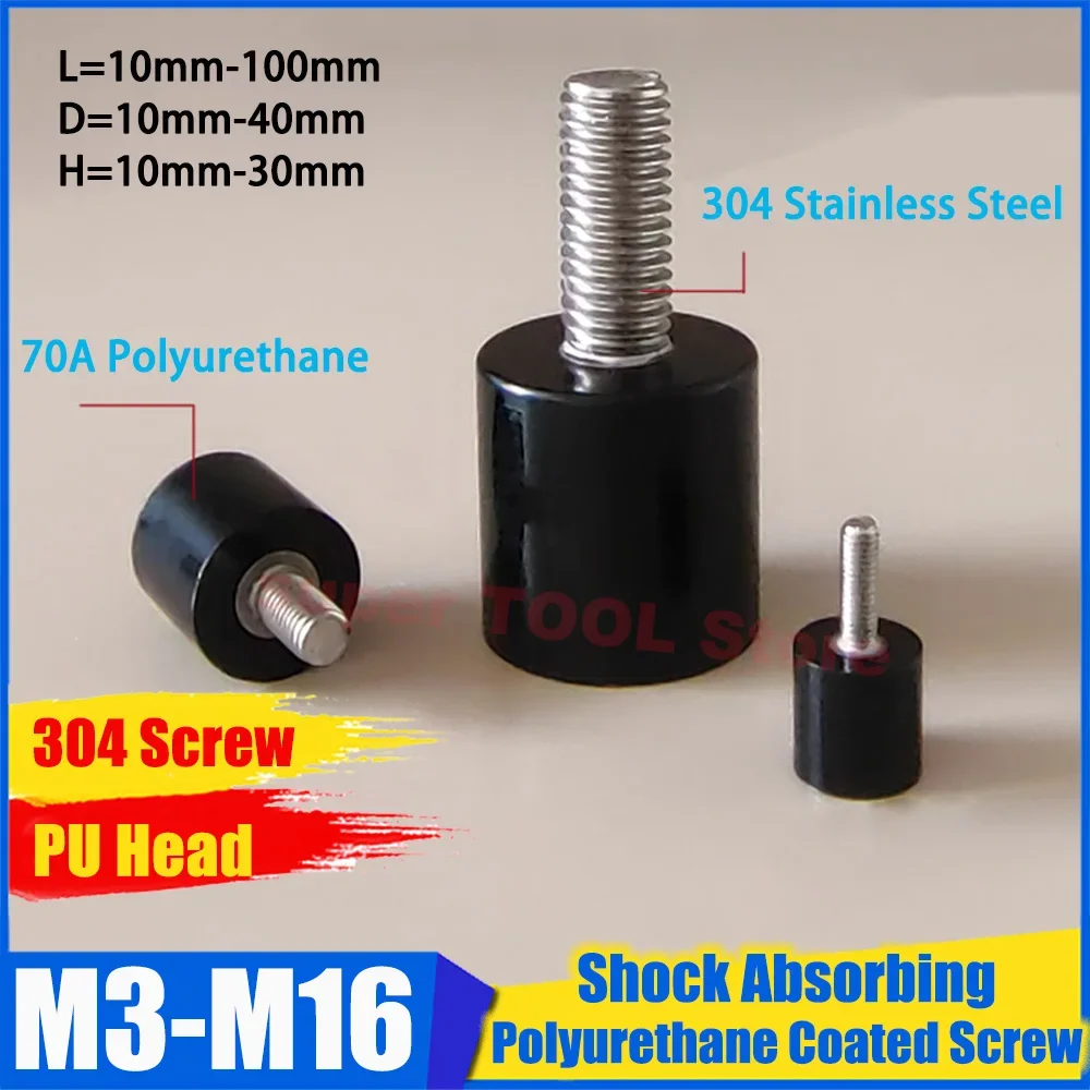 1Pc M3-M16 70A Polyurethane Bumper Screw 304 Stainless Steel Screw Rod Anti-Collision Shock Absorbing Stop Bolt Hardware Parts